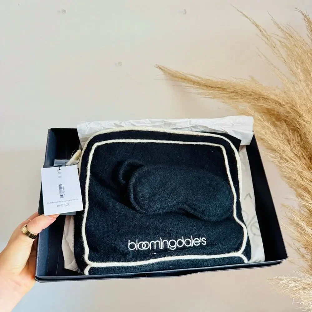 NEW BLOOMINGDALES Black White Cream Cashmere $275 Eye Mask Scarf Wrap Travel Kit
